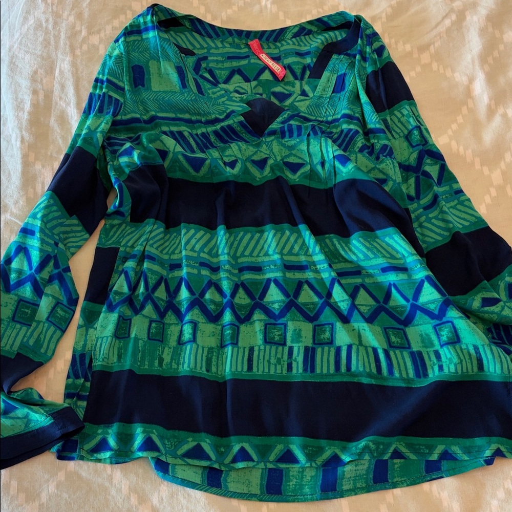 Tracy Reese Green & Blue Patterned Long-Sleeve V-Neck Top